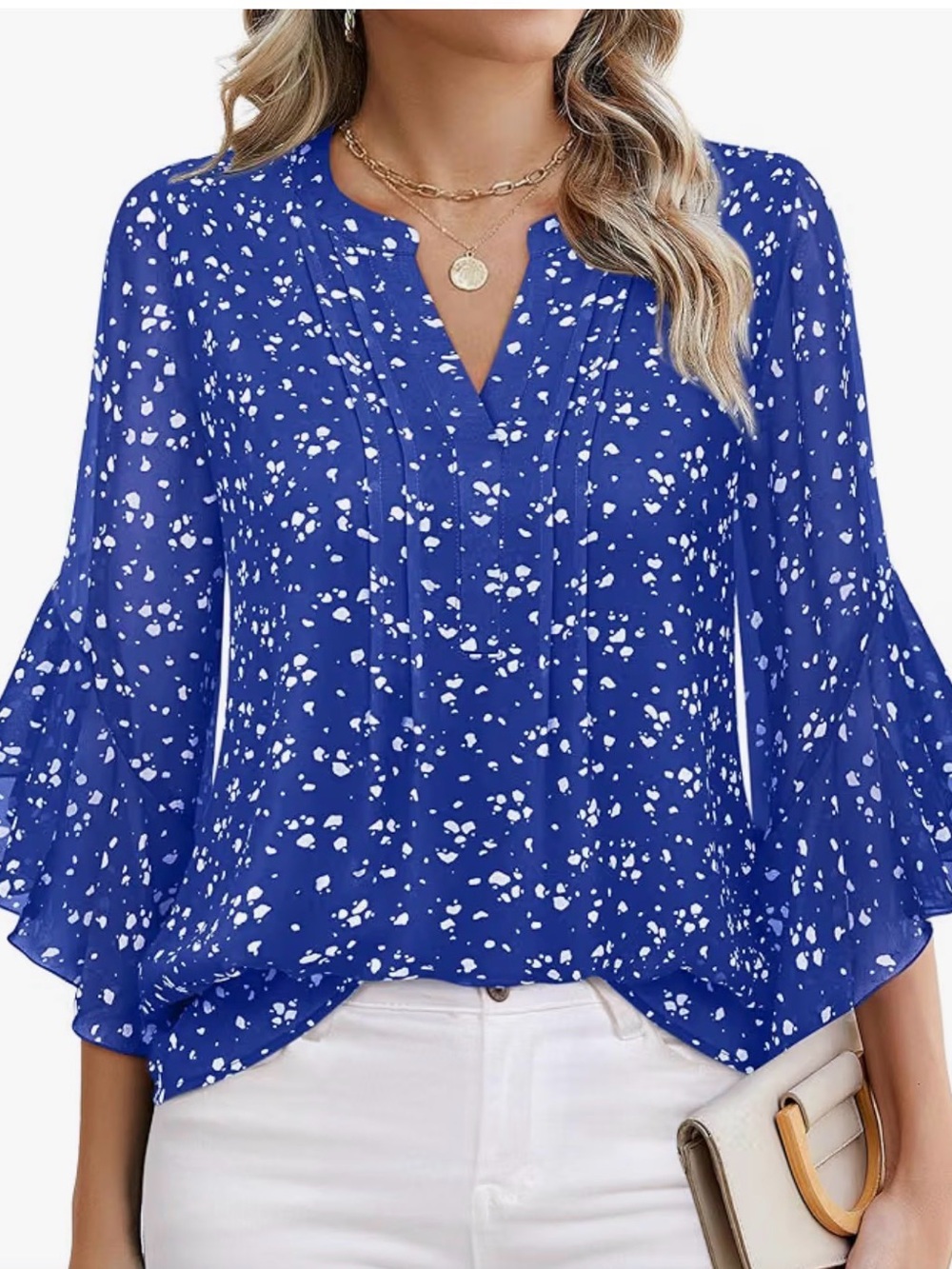 Blue Split-Neck Printed Ruffle Sleeve Blouse